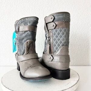Lane Boots Women’s Gray Leather Canvas Mid-Calf Western Moto Style Zip Size 9